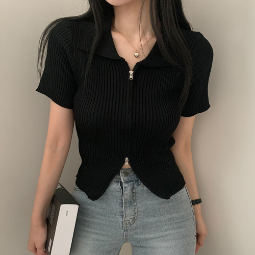 Real price ice silk short-sleeved sweater summer sexy slim-fitting doll collar double zipper slimming bottoming sweater top