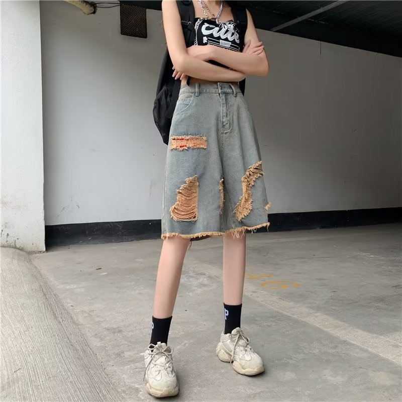 實拍大碼高腰毛邊磨破牛仔短褲女寬鬆胖mm破洞流蘇五分褲中褲女
