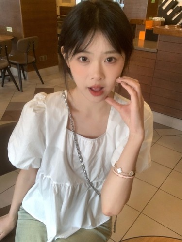 实拍 夏季新款韩系小众设计感绑带娃娃衫泡泡袖方领百搭衬衫