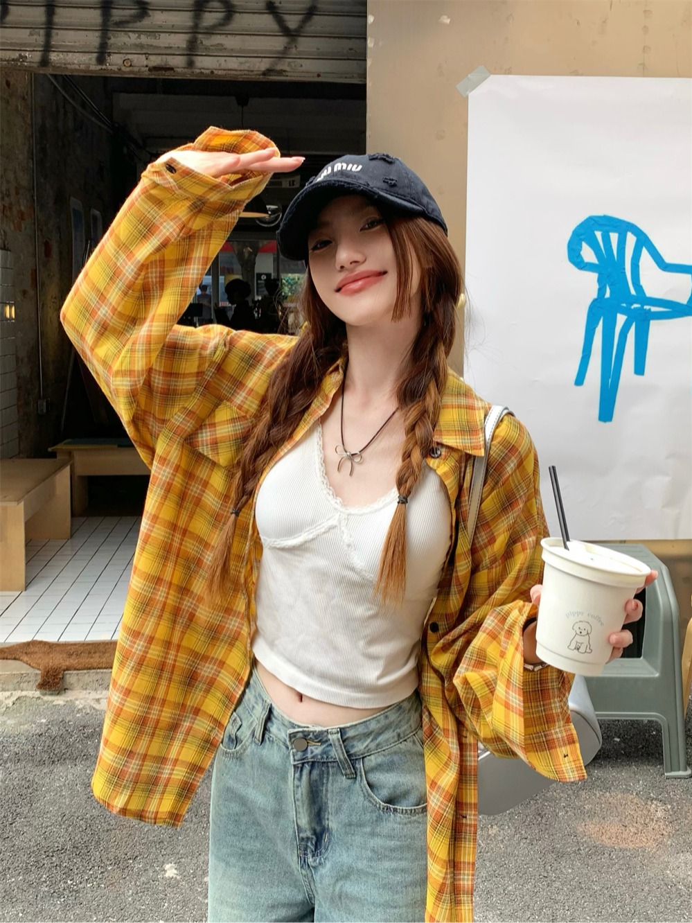 Real shot colorful summer yellow checkered contrasting color long-sleeved sun protection shirt
