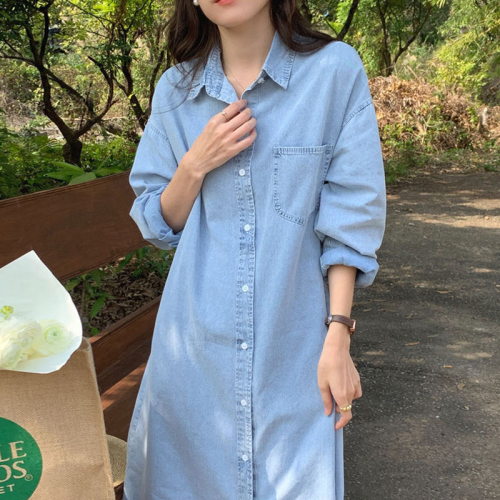 2024 Korean style denim shirt jacket, soft, comfortable and simple washed denim single-breasted long dress