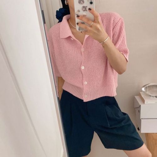 Large size original curved bead heavy drape lapel cardigan sweater can be worn in summer cool solid color short-sleeved sweater