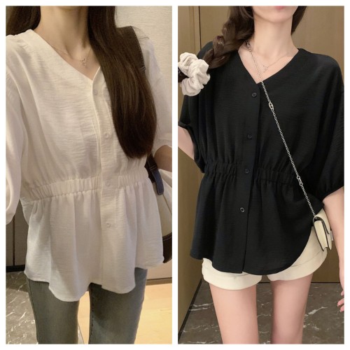 66049 Real shot of large size French high-end V-neck white shirt loose slimming summer thin belly-covering top for women
