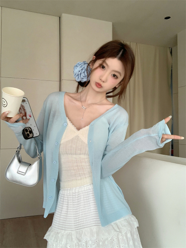 Actual shot~Spring and summer new style~Sun protection cardigan women's thin air-conditioning shirt jacket with suspender blouse knitted top