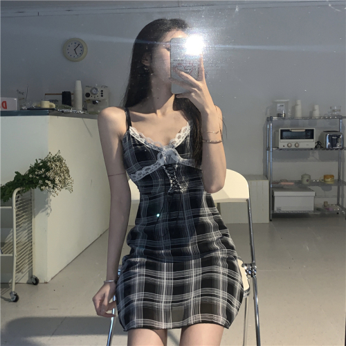 Real shot and real price plaid suspender dress for women chiffon pure lust style lace splicing straps slimming a-line short skirt summer