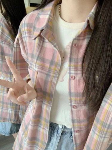 韩版衬衫古着vintage粉色格子外套女夏季新款上衣宽松百搭衬衣潮