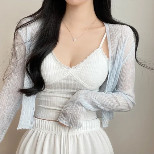 韩国chic时尚气质套装简约百搭冰丝防晒针织开衫法式蕾丝吊带背心