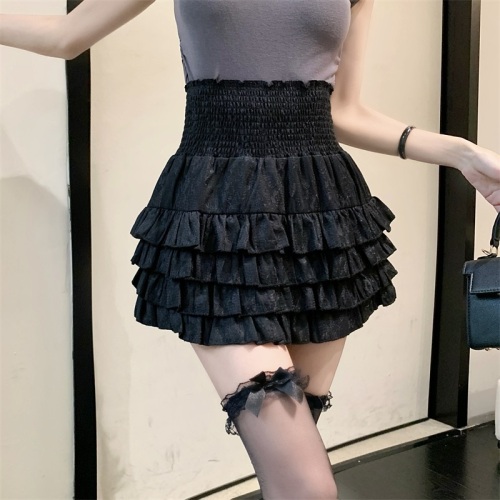 Real shot 2024 Waist Cake Skirt Pleated Ruffle Elastic High Waist Skirt Short Skirt