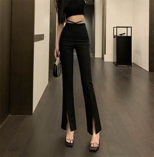 Real shot and real price black wang cross-lace boot-cut pants for women with design sense high waist slimming slit trousers