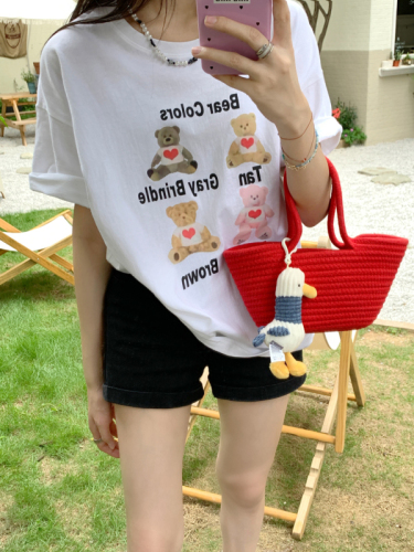 Real shot Summer Korean style round cartoon print loose age-reducing slimming pullover short-sleeved T-shirt top for women