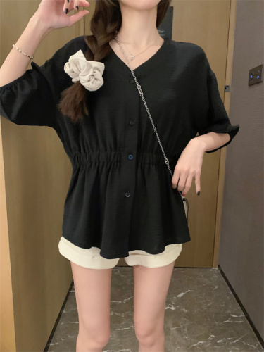 66049 Real shot of large size French high-end V-neck white shirt loose slimming summer thin belly-covering top for women