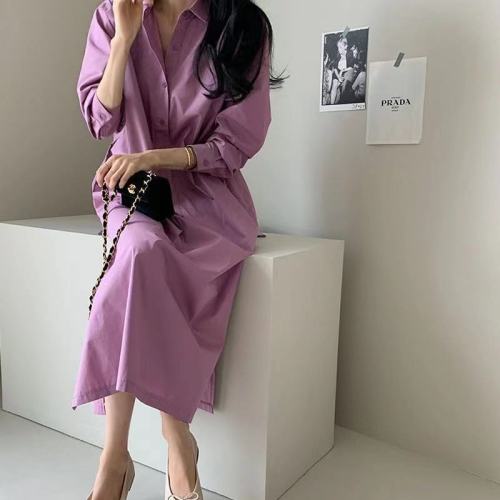 Korean chic simple retro style mid-length solid color loose casual shirt dress long-sleeved shirt for women