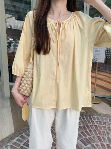 French cotton and linen lantern sleeves, right shoulder short-sleeved shirt, women's summer design babydoll shirt top