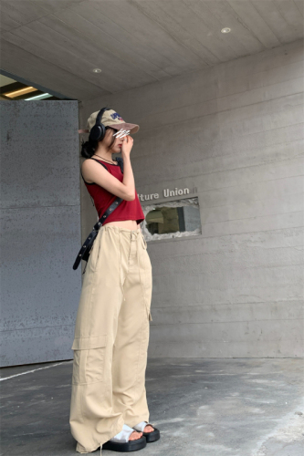 Real shot 7662 sweet and spicy suspenders slim fit I-shaped short vest + 7636 American retro loose straight overalls