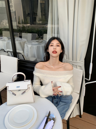 Real shot and real price pure desire one-shoulder off-shoulder top short knitted sweater for women