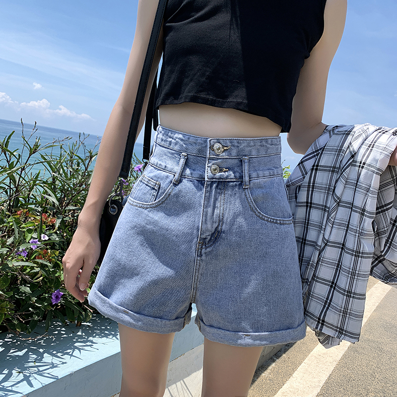 Real shot of denim shorts for women, loose, high-waisted, super slim for outer wear, summer Korean style, versatile, a-line wide legs, ins trend