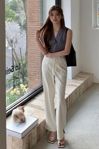 Actual shot of 2024 summer new versatile trousers JU slim high-waisted loose straight trousers casual trousers slit trousers for women