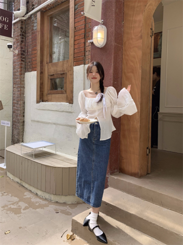Actual shot and real price~Solid color shirt design women's niche long-sleeved Korean style generous collar puff sleeve top