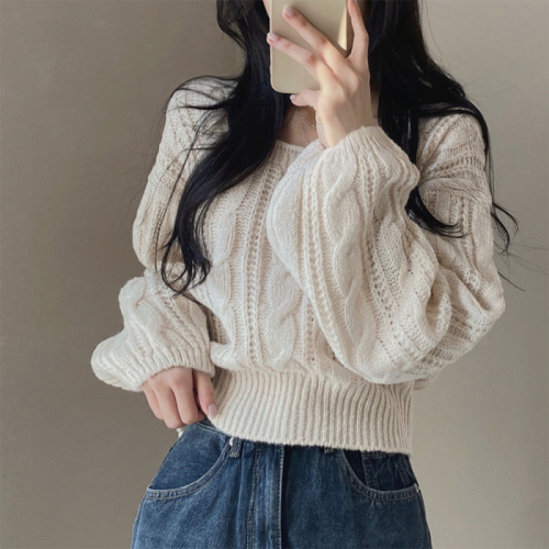 Large size twist sweater winter chic lazy style lantern sleeve solid color square neck pullover long-sleeved sweater