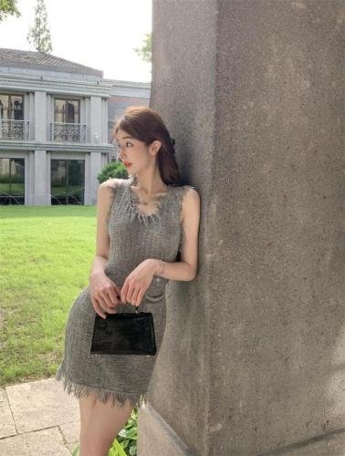Actual shot, real price, retro fragrance style splicing lace textile sleeveless dress