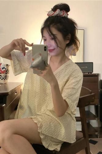 Actual shot of Korean style sweet loose cotton small floral small gentle sweet lace short-sleeved outer wear home clothes set