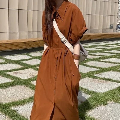 Korean chic niche lapel single-breasted lace-up waist shirt dress