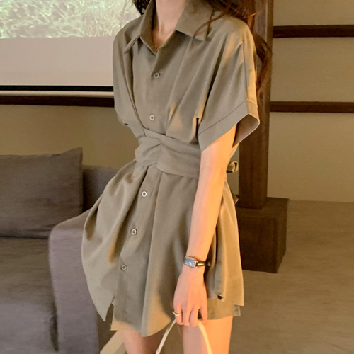 Summer waist miniskirt bandage bow short-sleeved dress niche single-piece shirt dress