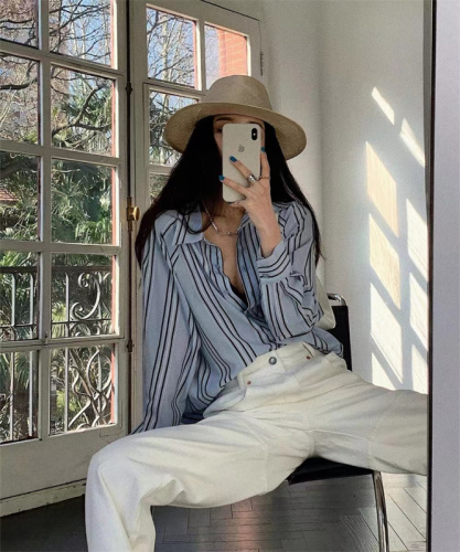 Super good quality Dongdaemun striped shirt internet celebrity same style internet celebrity high quality and low price GLYP new shirt