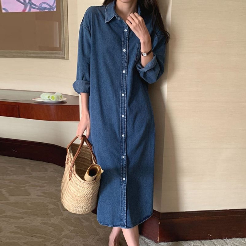 2024 Korean style denim shirt jacket, soft, comfortable and simple washed denim single-breasted long dress