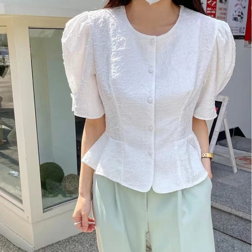 Summer Korean style short puff sleeve top shirt waist sweet slimming women's shirt