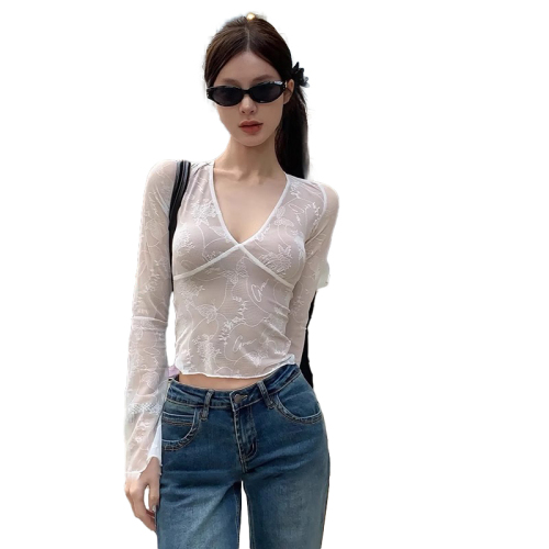 Sanbiao~2024 new hot girl style lace nude lining V-neck long-sleeved T-shirt slim short crop top