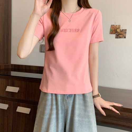 Real shot 40 count pure cotton 2024 summer embroidered letters short-sleeved T-shirt women's right shoulder slim top
