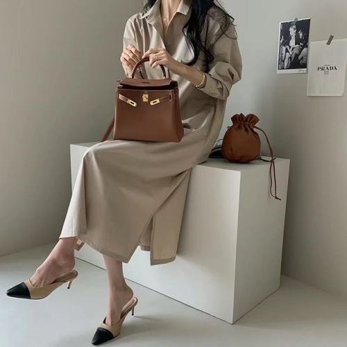 Korean chic simple retro style mid-length solid color loose casual shirt dress long-sleeved shirt for women