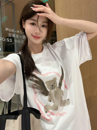 韩系可爱小熊印花短袖T恤女夏季2024新款设计感休闲宽松黑色上衣
