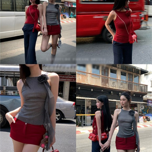 Complete three standards ~ 2024 new sling three-dimensional flower decoration glittering silver sleeveless knitted bottoming streamer top for women