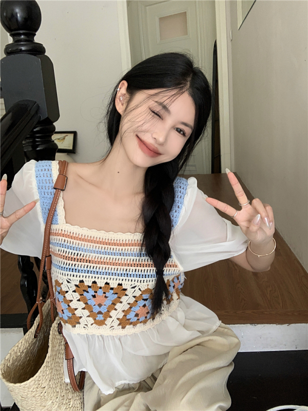 Real shot and real price crocheted hollow stitching fake two-piece short-sleeved shirt for women summer square collar temperament shirt
