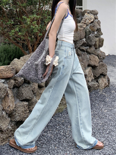 Actual shot ~ Retro washed wide-leg jeans for women, high-waisted straight-leg floor mopping pants