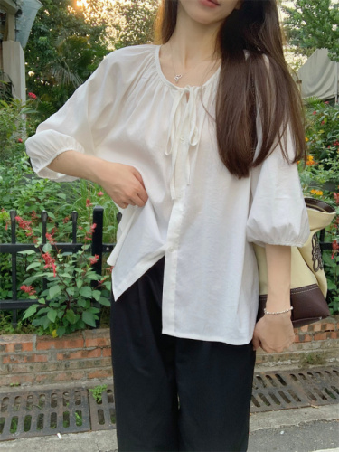 French cotton and linen lantern sleeves, right shoulder short-sleeved shirt, women's summer design babydoll shirt top