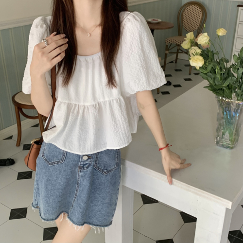 实拍~夏季韩版新款气质方领泡泡袖显瘦甜美肌理感娃娃衫上衣