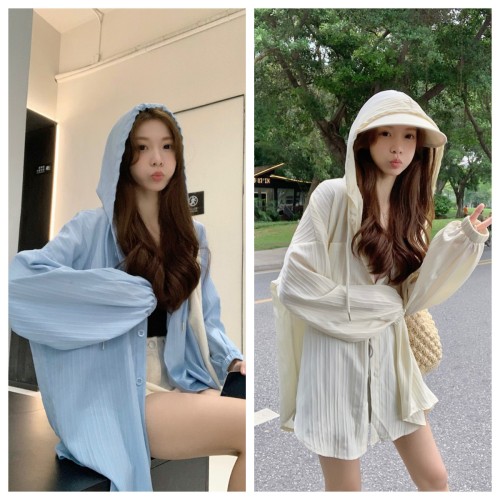 Large size long-sleeved sun protection clothing for women in spring and summer versatile mid-length loose cardigan hooded thin coat