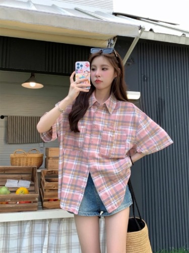 韩版衬衫古着vintage粉色格子外套女夏季新款上衣宽松百搭衬衣潮