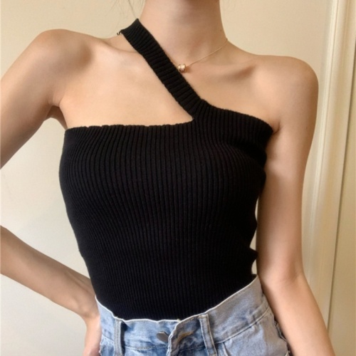 Knitted vest with small suspenders for women, spring design, slanted shoulder tube top, irregular short style, inner wear and outer wear bottoming top