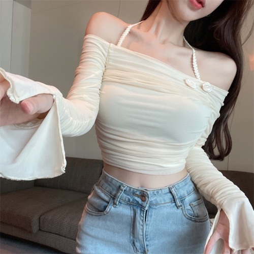 Real shot and real price ~ French one-shoulder off-shoulder pleated mesh long-sleeved T-shirt short slim fit top for women ins