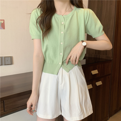 Actual shot and real price new retro round neck versatile short-sleeved knitted top for women