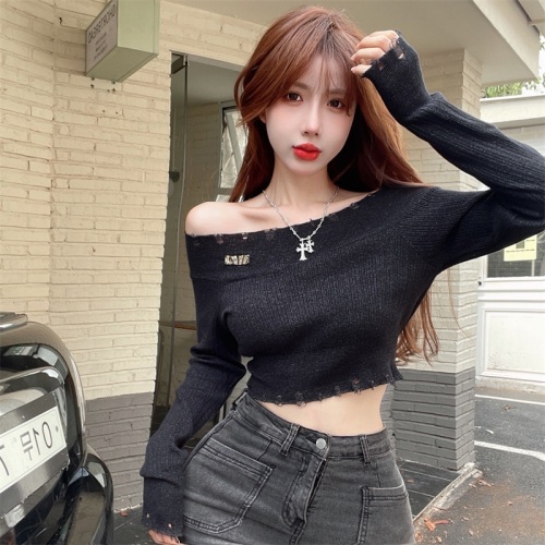 Real shot!  Real price!  Solid color one-line collar ripped knitted T-shirt top