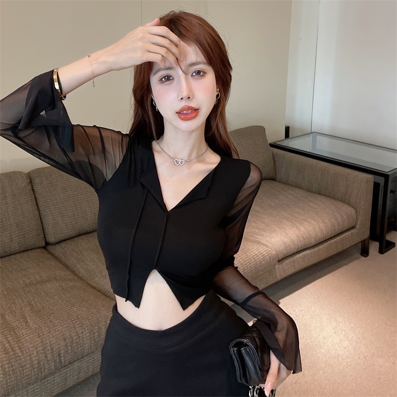 Real shot and real price new skin-friendly micro-transparent mesh long-sleeved splicing slim top v-neck short T-shirt for women summer