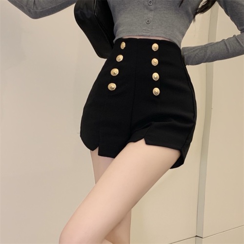 Real shot of super high-waisted double-breasted wide-leg shorts black versatile slimming outer wear A-line ultra-short hot pants for women
