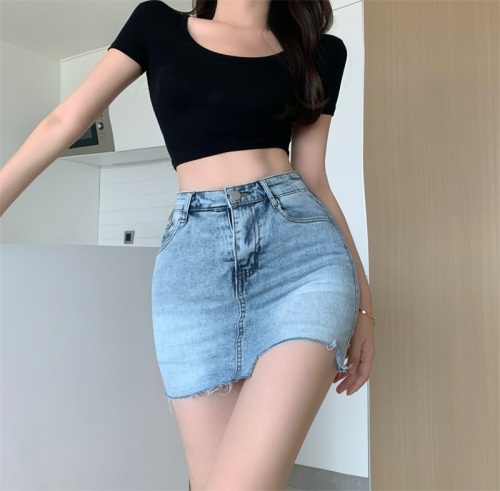 Real shot!  Real price!  Retro hip-hugging denim skirt for petite girls with high waist and slimming skirt