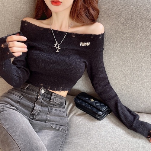 Real shot!  Real price!  Solid color one-line collar ripped knitted T-shirt top