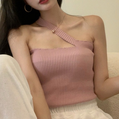 Knitted vest with small suspenders for women, spring design, slanted shoulder tube top, irregular short style, inner wear and outer wear bottoming top